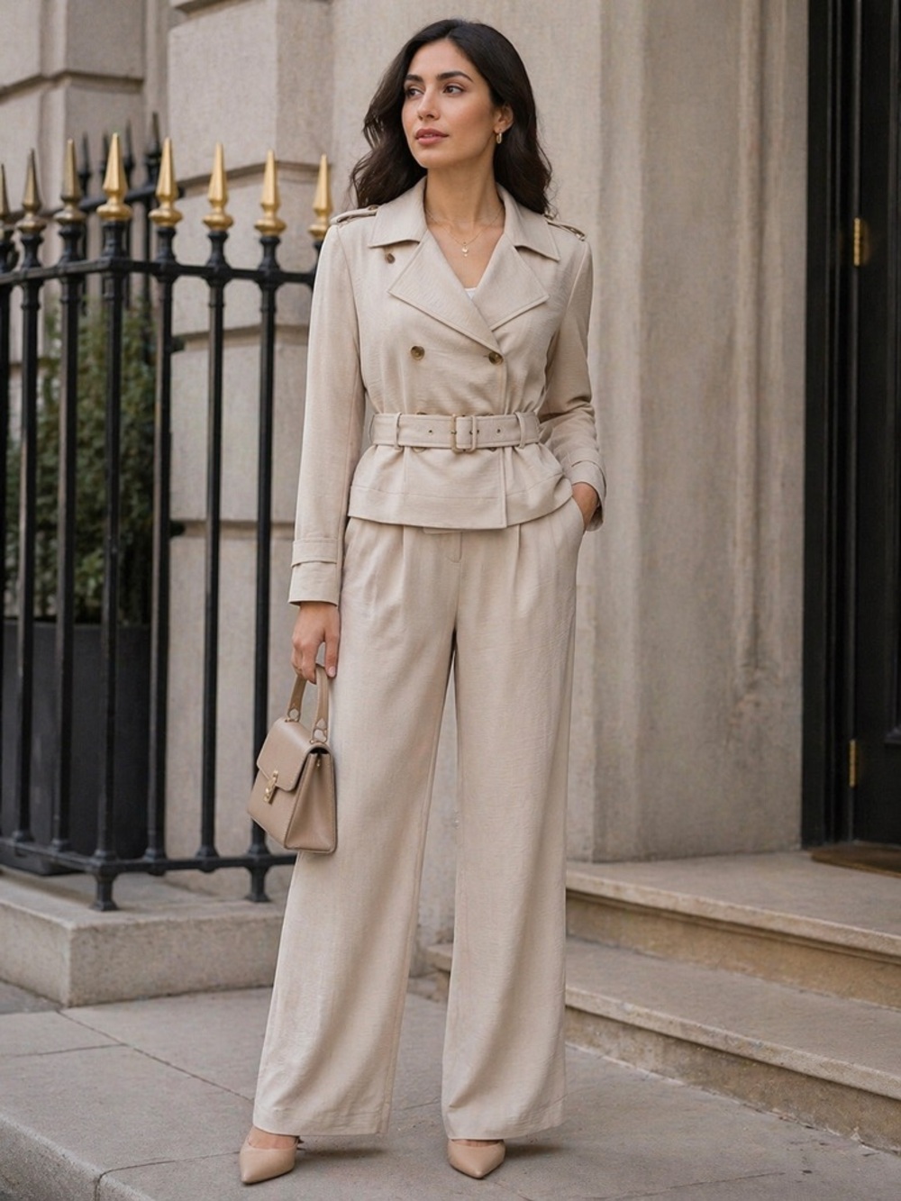 Beige Two-Piece Suit Set | Blazer & Wide-Leg Pants | Chic Minimal